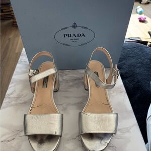 ✨ Prada Silver Leather Ankle Strap Block Heel Sandals EU 39 Box